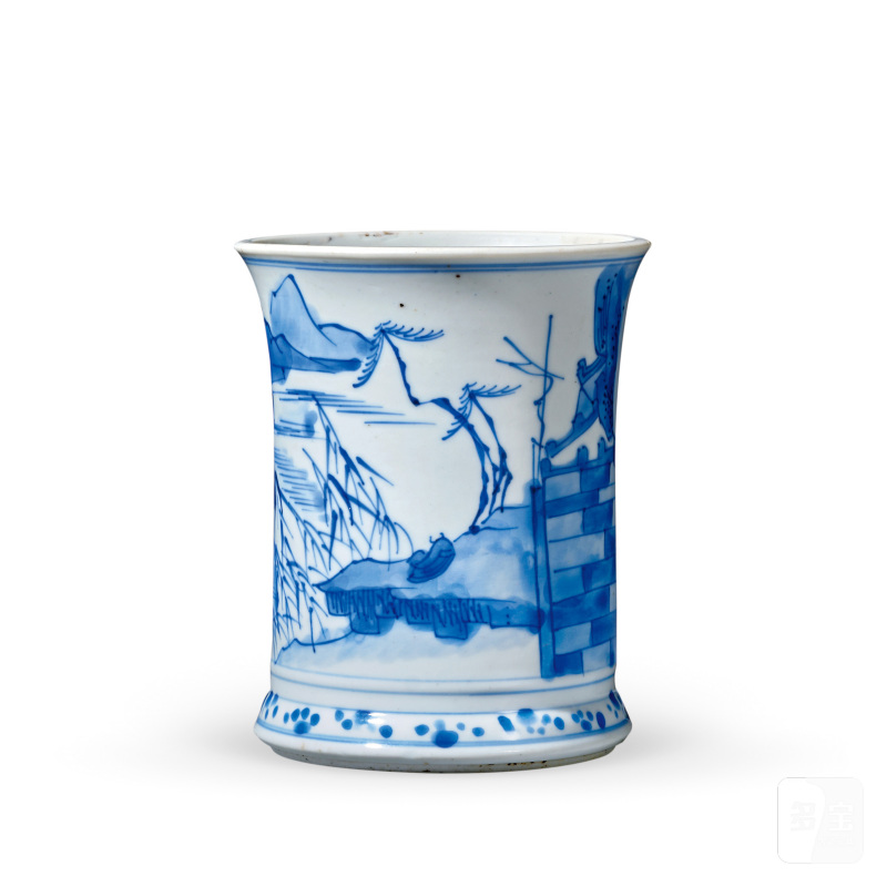 清康熙 青花山水亭阁图笔筒